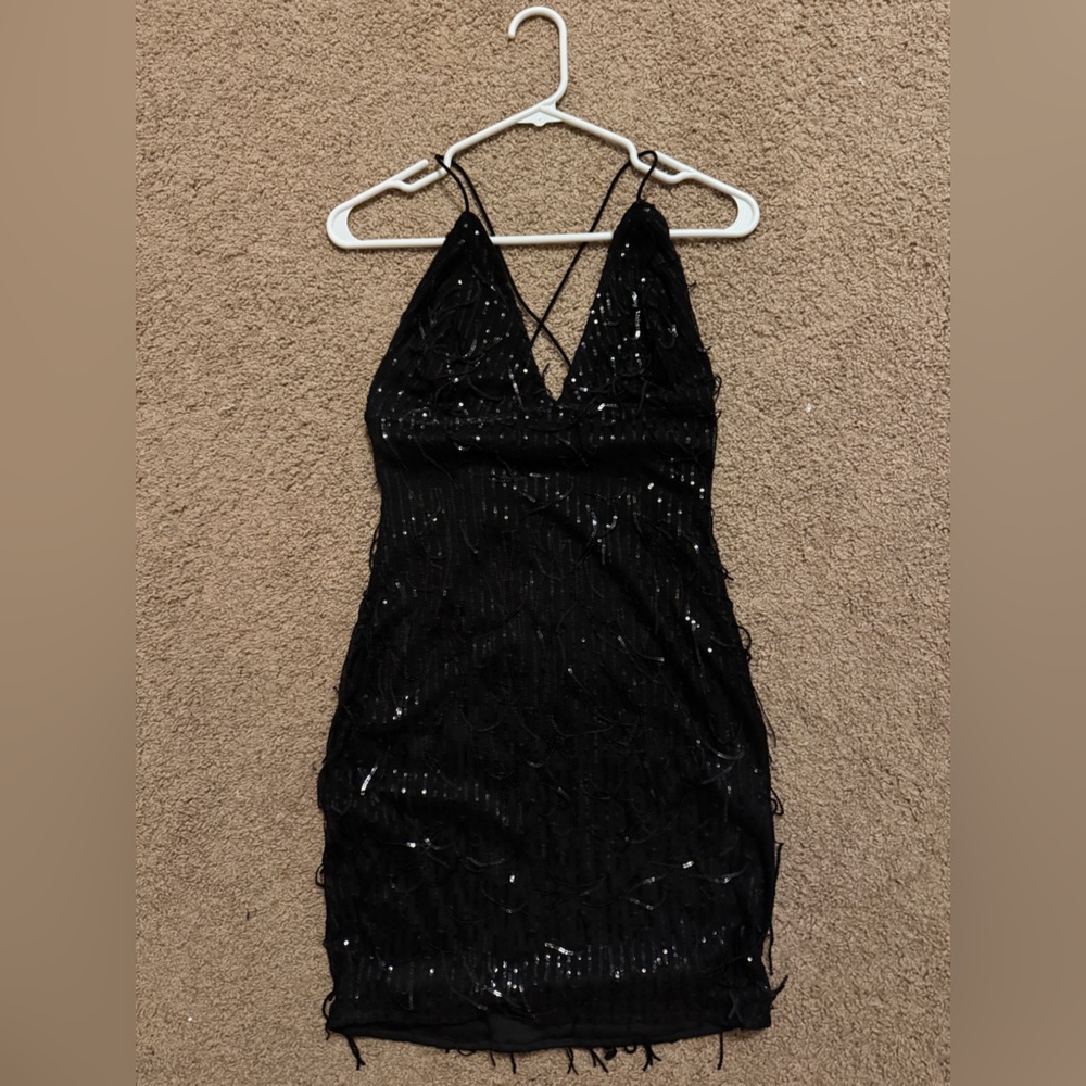 Black Sequin Mini Dress with V-Neck and Fringe Detail